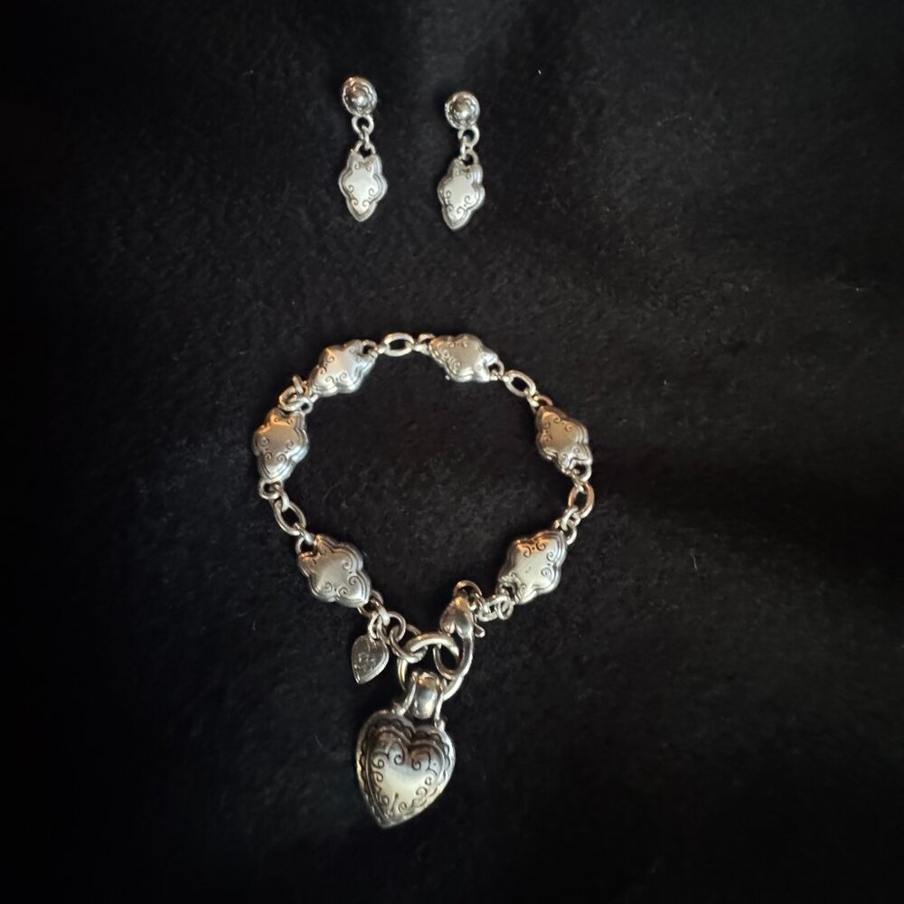 Brighton Heart Link Charm Bracelet Silver Tone + Matching Earrings Set - Love
